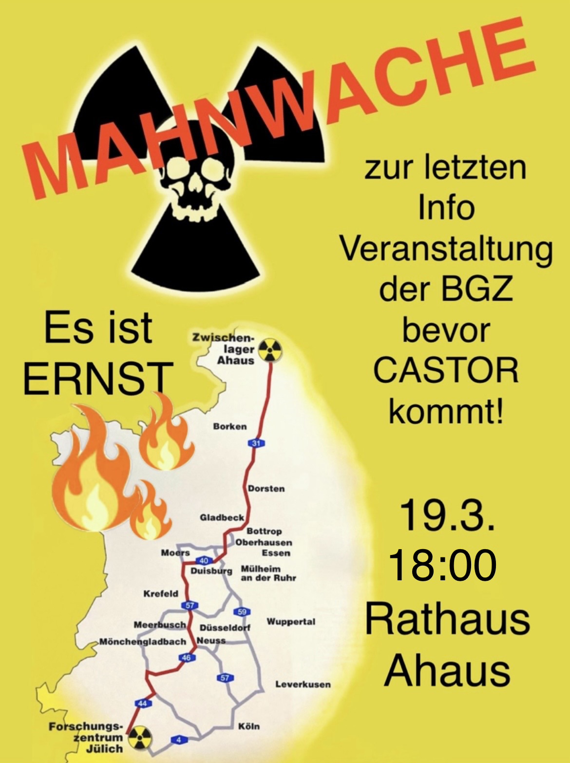 Der Aufruf zur Mahnwache am 19. März 2026 zeigt die geplante Route der Castor-Transporte.