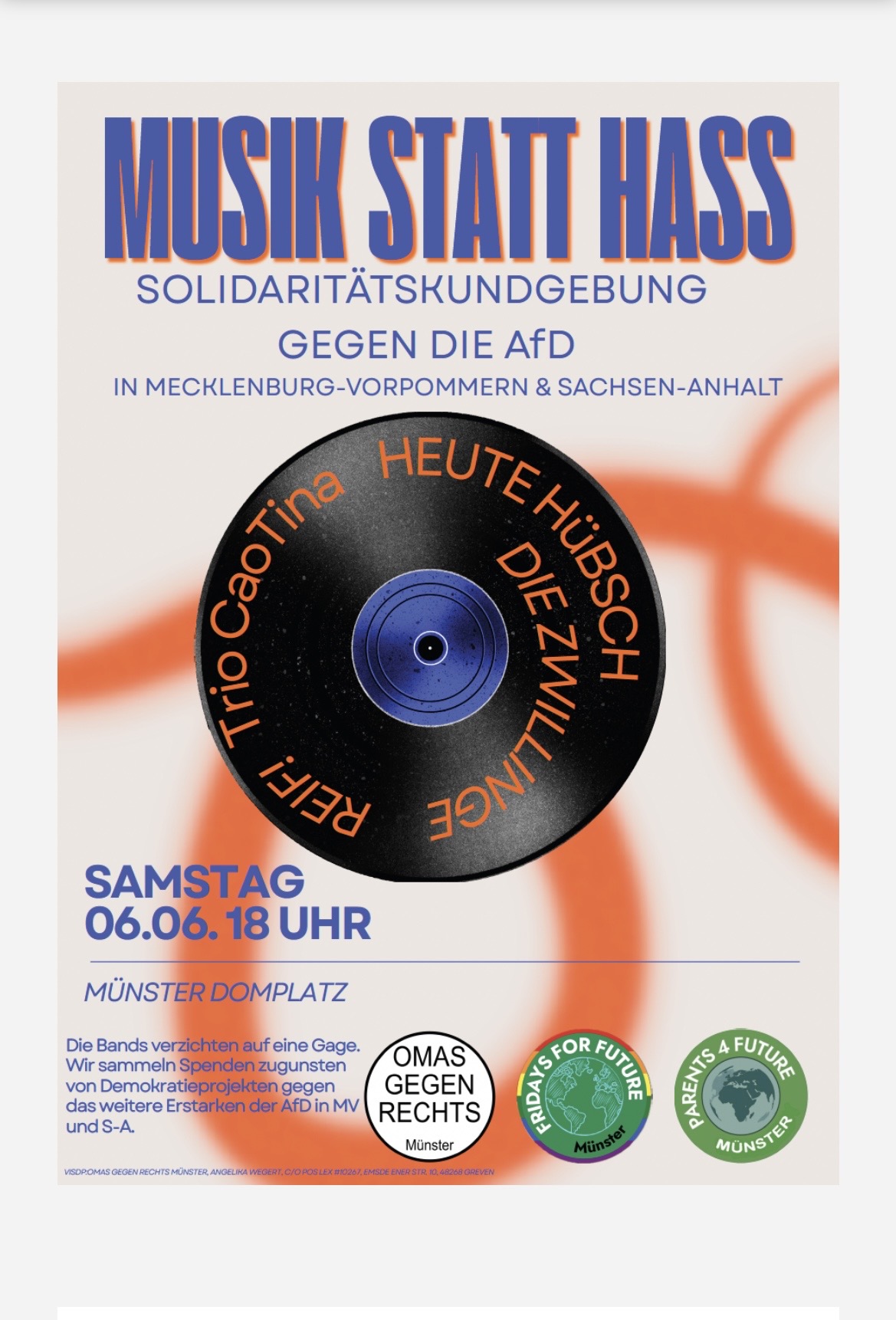 Das Plakat ruft auf zur Teilnahme an einer Solidaritätskundgebung gegen die AfD auf dem Domplatz in Münster am Samsatg, dem 06. Juni um 18 Uhr.