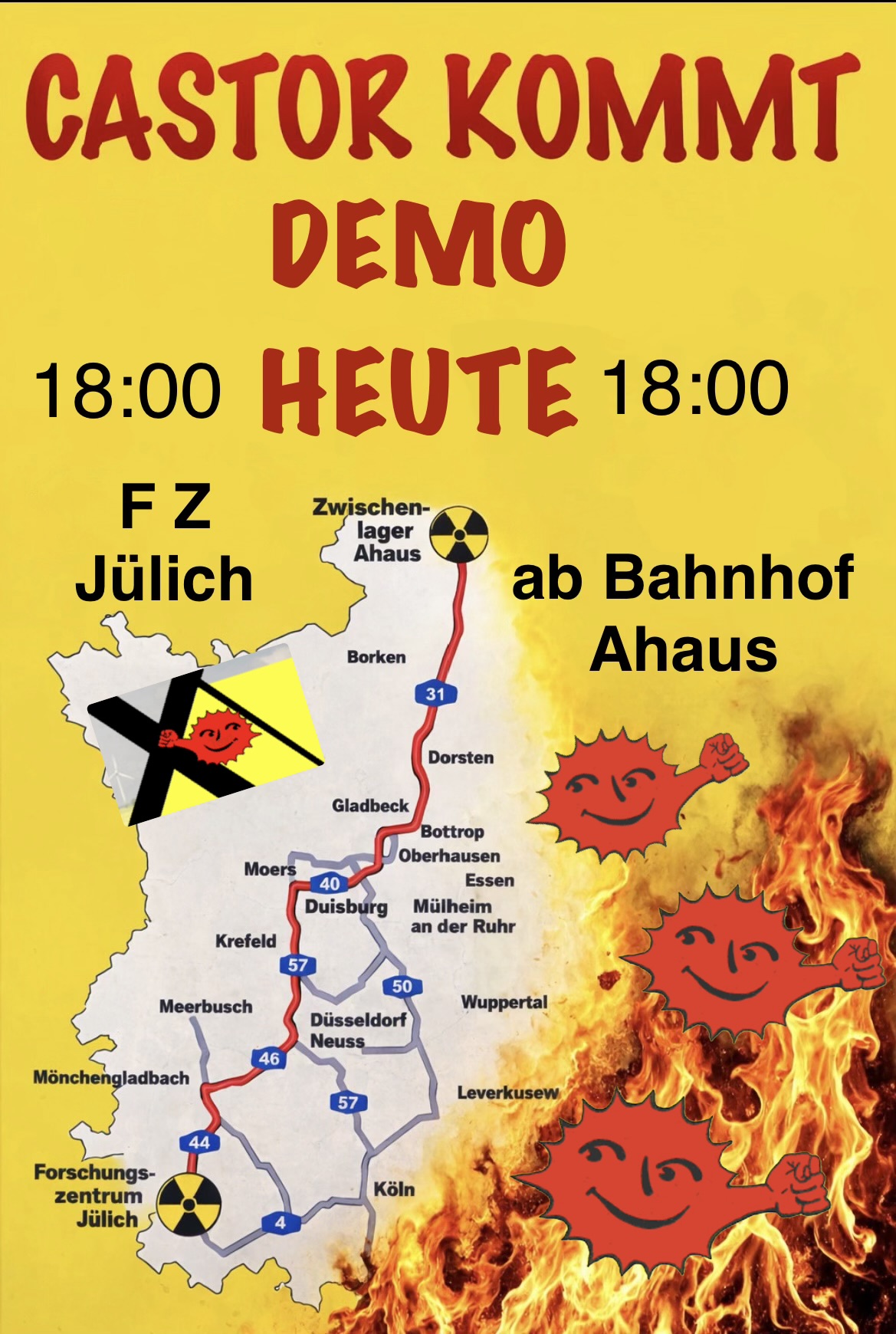 Die Aufforderung zur Teilnahme an den Demonstrationen am 24.03.2026 zeigt die geplante CASTOR-Route.